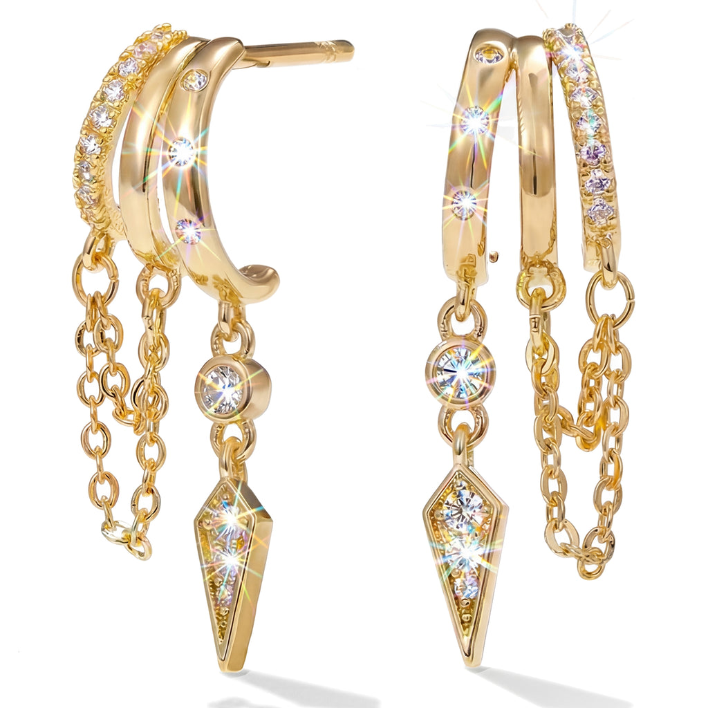 MUMREUES 14K Gold Hoop Earrings - Illusion of Multiple Piercings - Dainty Layered Huggies with Chain Fringe & CZ Drop - Hypoallergenic Gift for Women