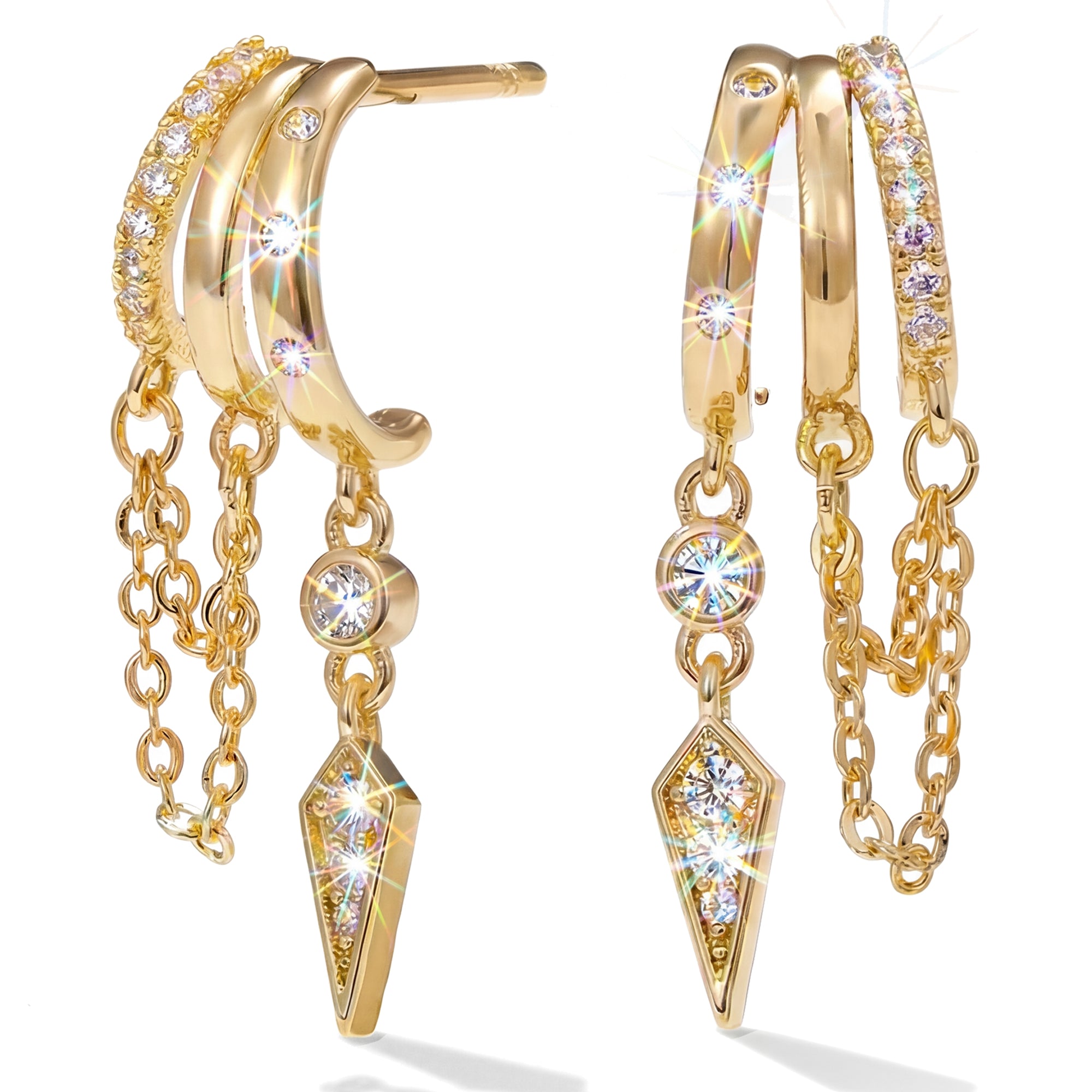 MUMREUES 14K Gold Hoop Earrings - Illusion of Multiple Piercings - Dainty Layered Huggies with Chain Fringe & CZ Drop - Hypoallergenic Gift for Women