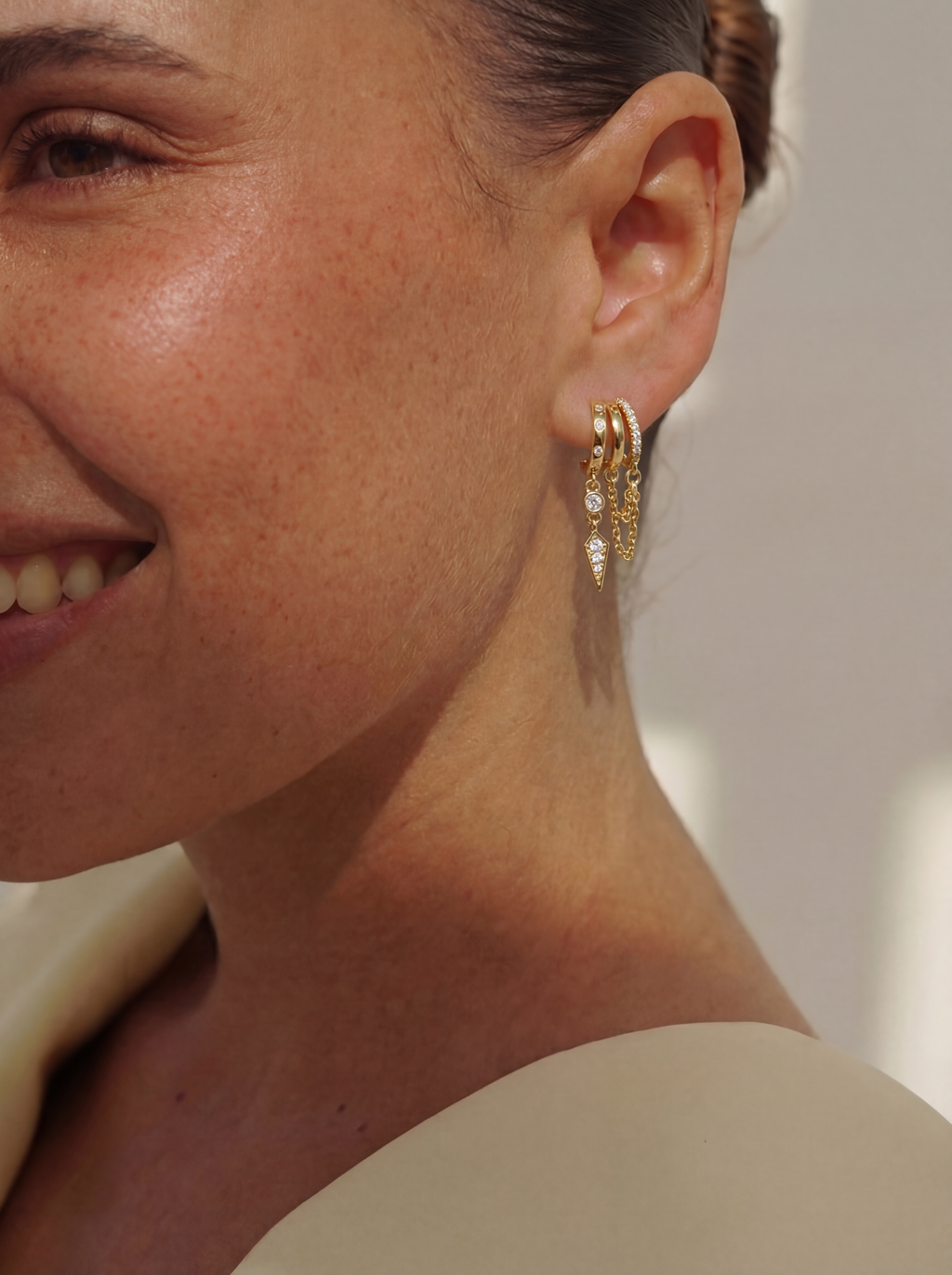MUMREUES 14K Gold Hoop Earrings - Illusion of Multiple Piercings - Dainty Layered Huggies with Chain Fringe & CZ Drop - Hypoallergenic Gift for Women