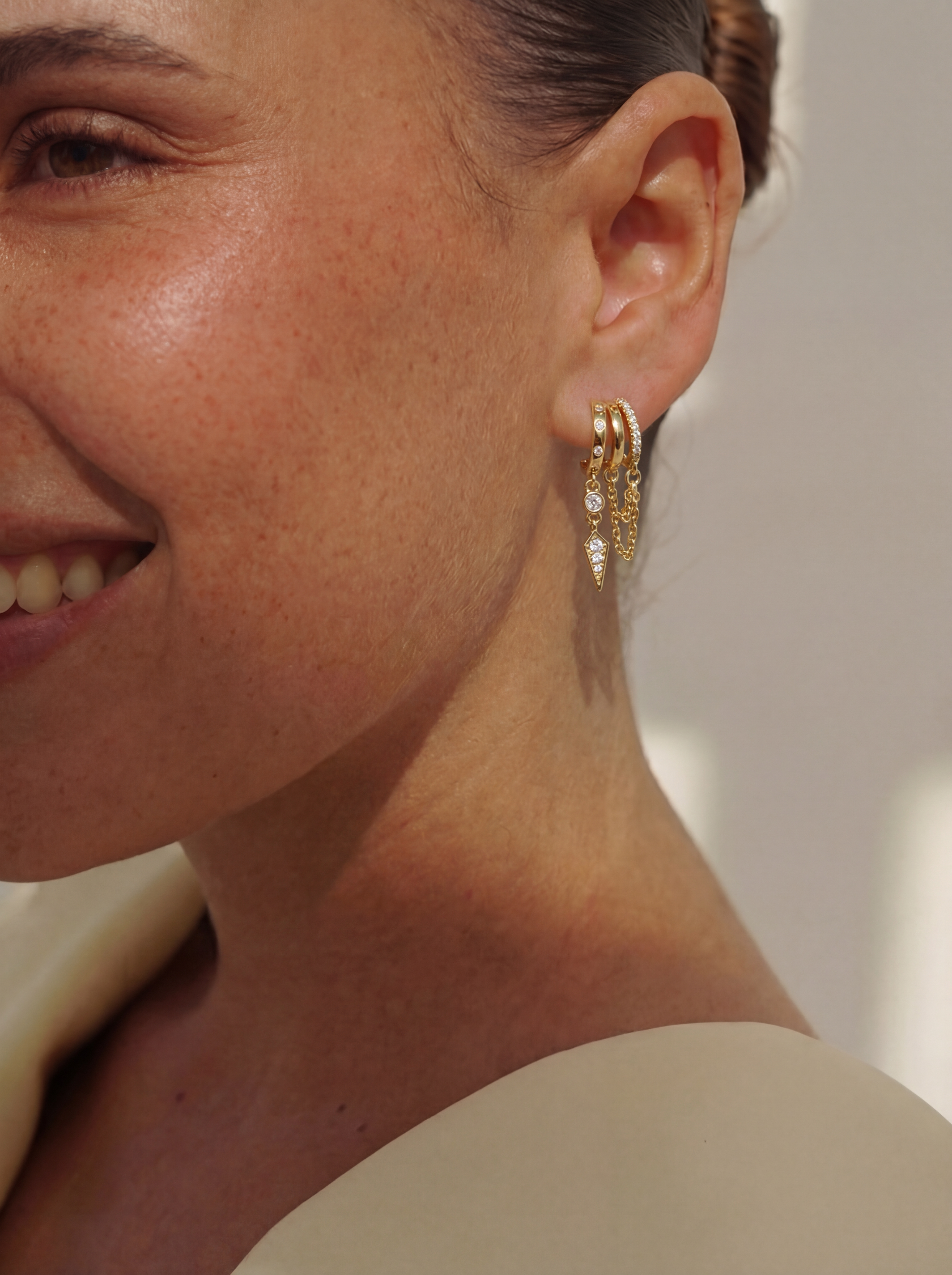 MUMREUES 14K Gold Hoop Earrings - Illusion of Multiple Piercings - Dainty Layered Huggies with Chain Fringe & CZ Drop - Hypoallergenic Gift for Women