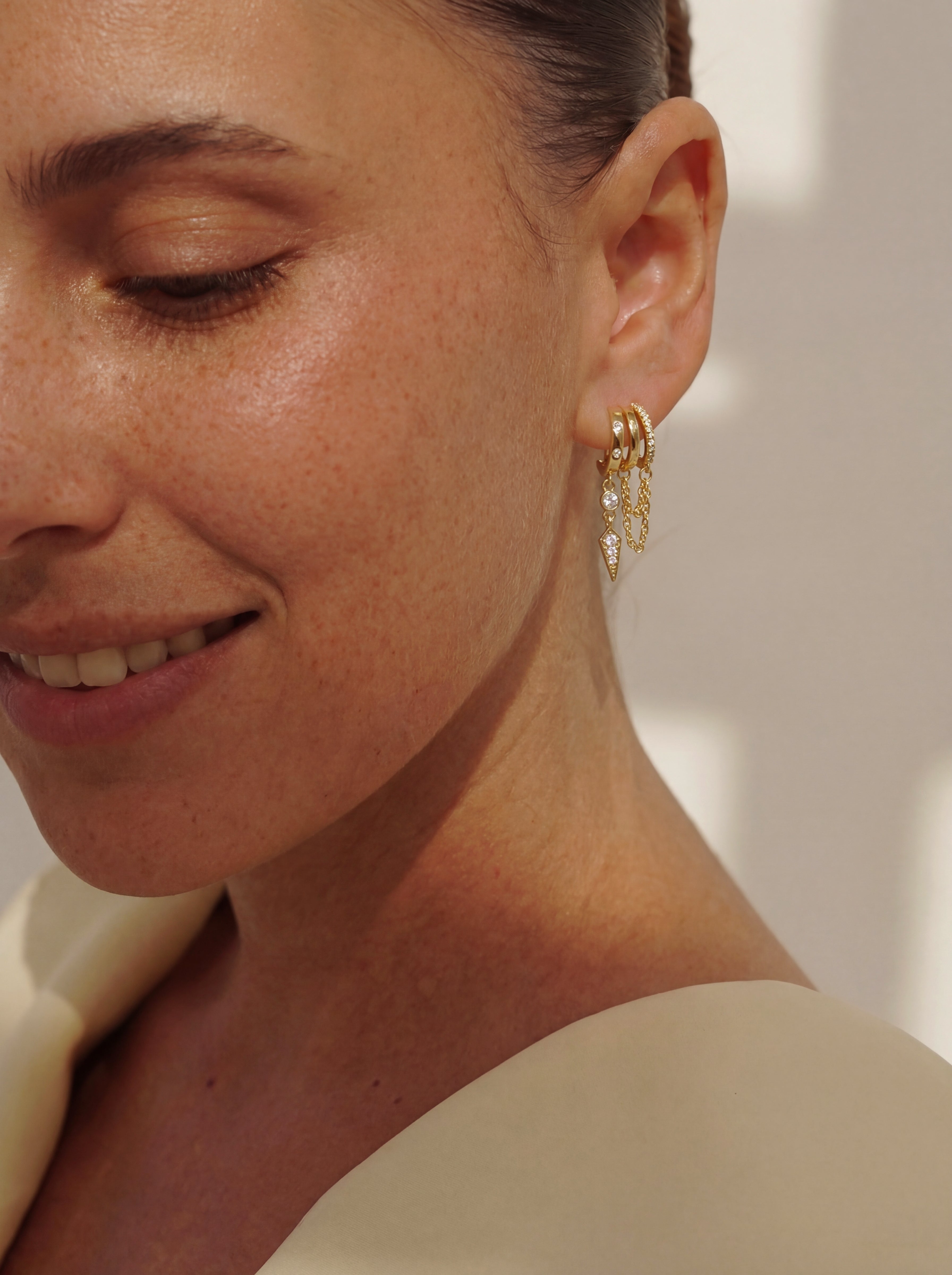 MUMREUES 14K Gold Hoop Earrings - Illusion of Multiple Piercings - Dainty Layered Huggies with Chain Fringe & CZ Drop - Hypoallergenic Gift for Women
