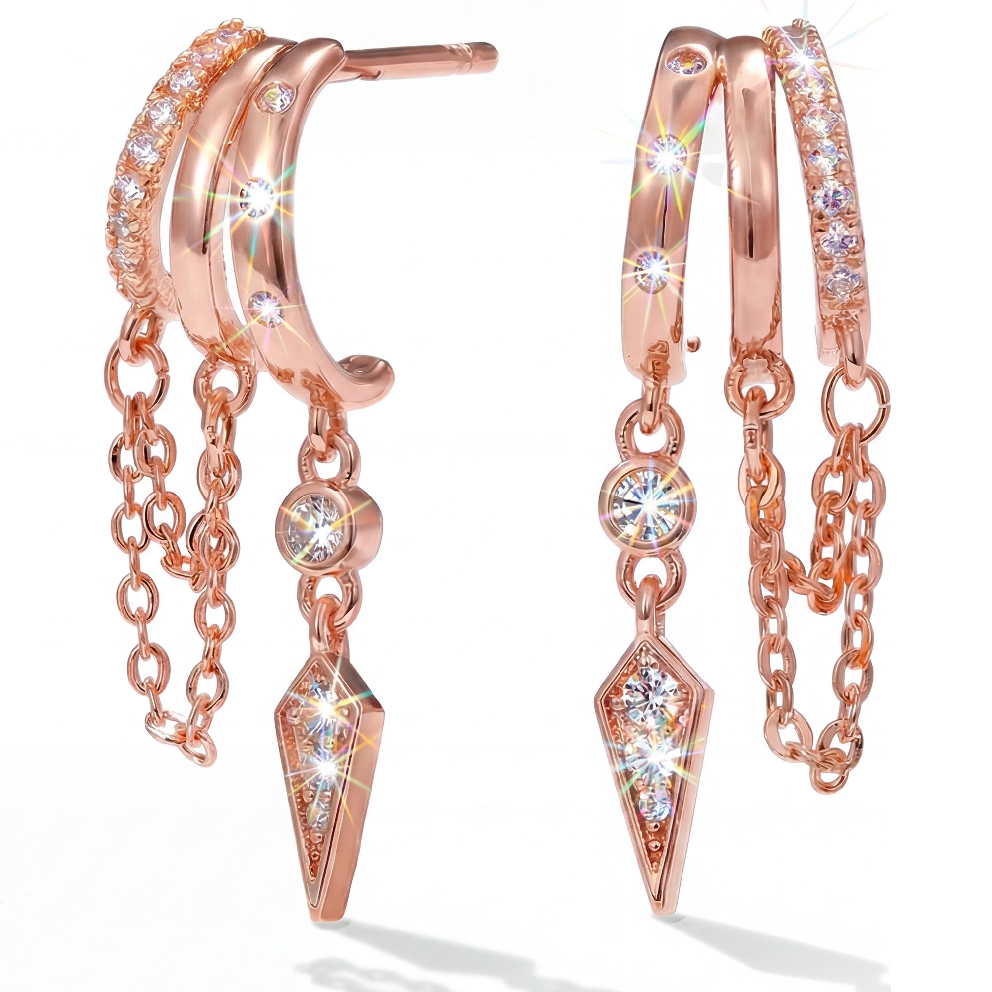MUMREUES 14K Gold Hoop Earrings - Illusion of Multiple Piercings - Dainty Layered Huggies with Chain Fringe & CZ Drop - Hypoallergenic Gift for Women