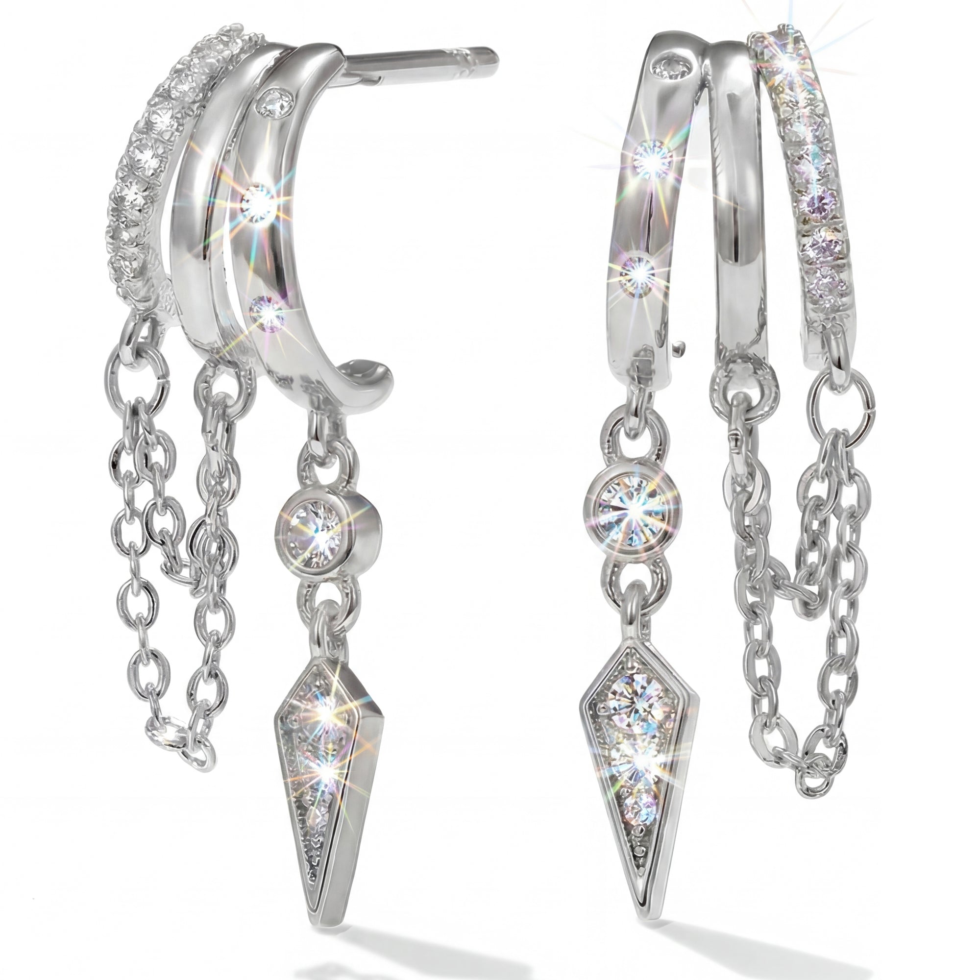 MUMREUES 14K Gold Hoop Earrings - Illusion of Multiple Piercings - Dainty Layered Huggies with Chain Fringe & CZ Drop - Hypoallergenic Gift for Women